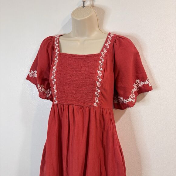 Old Navy Shirt Dress S Midi Smocked Embroidered Prairie Milkmaid Red White Boho - Picture 3 of 12
